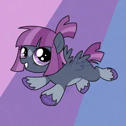 Size: 2048x2048 | Tagged: safe, artist:doodlesinky, derpibooru import, oc, oc:loopdeloop, pegasus, pony, blaze (coat marking), bobcut, coat markings, colored, colored belly, colored hooves, eyelashes, facial markings, female, filly, flat colors, flying, foal, hooves, image, implied rumbloo, looking back, multicolored background, offspring, pale belly, parent:rumble, parent:scootaloo, parents:rumbloo, png, ponytail, purple background, purple eyes, purple hooves, short hair, short mane, short tail, signature, simple background, smiling, socks (coat marking), solo, spread wings, star (coat marking), straight mane, straight tail, tail, three toned background, tied mane, unshorn fetlocks, wall of tags, wings