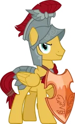 Size: 2557x4216 | Tagged: safe, artist:crisostomo-ibarra, derpibooru import, flash magnus, pegasus, pony, armor, armor skirt, clothes, helmet, image, male, netitus, png, shield, simple background, skirt, smiling, solo, stallion, transparent background