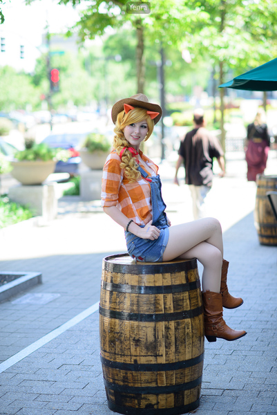 Size: 801x1200 | Tagged: safe, artist:coltman1925, derpibooru import, applejack, human, g4, barrel, boots, clothes, cosplay, costume, cowboy boots, cowboy hat, hat, image, irl, irl human, jpeg, photo, shoes