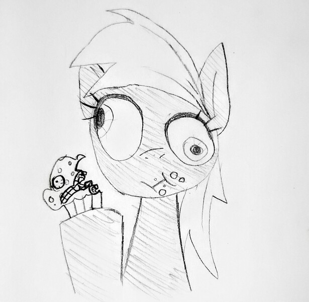 Size: 2345x2289 | Tagged: safe, artist:jawslocks03, derpibooru import, derpy hooves, pegasus, g4, bust, chewing, eating, food, image, jpeg, living food, muffin, pencil drawing, portrait, sketch, solo, traditional art, wall eyed