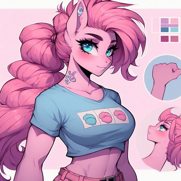 Size: 1024x1024 | Tagged: safe, ai content, artist:sofoclesthedrake, derpibooru import, pinkie pie, oc, anthro, earth pony, alternate universe, female, image, jpeg, looking at you, muscles, muscular female