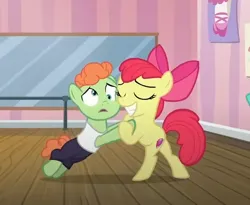 Size: 538x442 | Tagged: safe, derpibooru import, screencap, apple bloom, unnamed character, unnamed pony, earth pony, pony, g4, on your marks, bipedal, colt, cropped, dancing, duo, eyes closed, female, filly, foal, image, male, png, smiling