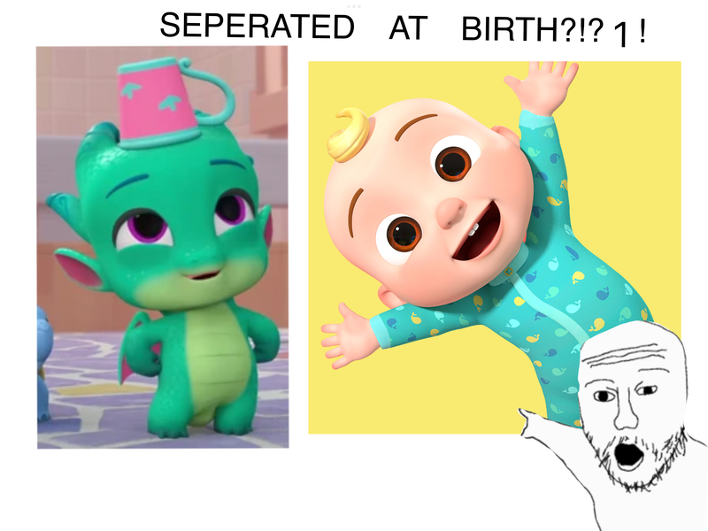 Size: 2160x1620 | Tagged: safe, derpibooru import, human, g5, baby, bucket, clothes, cocomelon, exclamation point, image, interrobang, jj (cocomelon), look-alike, meme, onesie, png, question mark, seperated at birth, shitposting, soyjak, soyjaks pointing, wojak