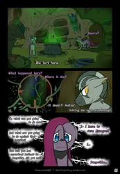 Size: 3238x4671 | Tagged: safe, artist:underwoodart, derpibooru import, pinkie pie, oc, oc:z'ian, pony, zebra, ask pink-pony, g4, absurd resolution, alternate universe, cauldron, comic, crying, detailed background, dialogue, everfree forest, glow, glowing eyes, golden eyes, image, pinkamena diane pie, png, ruins, vine, zebra oc, zecora's hut