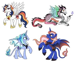 Size: 2052x1744 | Tagged: safe, artist:whitefangkakashi300, derpibooru import, oc, oc:prince cosmos, oc:prince jester, oc:prince sirius, oc:princess mercury, unofficial characters only, alicorn, bat pony, bat pony alicorn, draconequus, hybrid, pony, g4, alicorn oc, bat pony oc, bat wings, beard, brother and sister, cigarette, cigarette holder, colored sclera, colored wings, draconequus oc, ethereal mane, facial hair, female, gradient wings, hoof shoes, horn, image, interspecies offspring, jpeg, lidded eyes, lying down, male, mare, moustache, next generation, offspring, parent:discord, parent:oc:supernova, parent:princess cadance, parent:princess celestia, parent:princess luna, parent:shining armor, parents:canon x oc, parents:dislestia, parents:shiningcadance, peytral, princess shoes, prone, rearing, siblings, simple background, smoking, spread wings, stallion, standing on two hooves, starry mane, white background, wings, yellow sclera