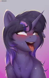 Size: 2215x3486 | Tagged: safe, artist:drawalaverr, derpibooru import, oc, oc:aurora sparkle, unofficial characters only, pony, unicorn, ahegao, blushing, bust, commission, drool, drool string, female, horn, image, looking up, mare, open mouth, png, portrait, simple background, solo, tongue out, unicorn oc, ych result