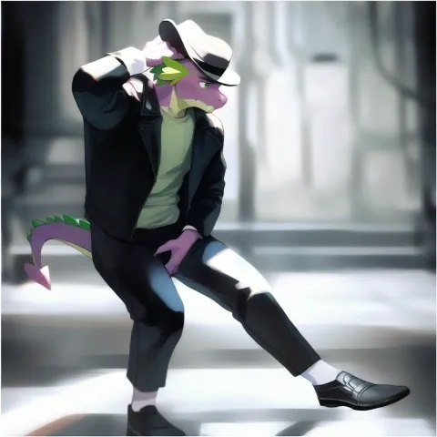 Size: 480x480 | Tagged: safe, ai content, derpibooru import, machine learning generated, prompter:hollaholla69, spike, anthro, dragon, g4, clothes, crotch grab, image, jpeg, michael jackson, solo, spikeal jackson