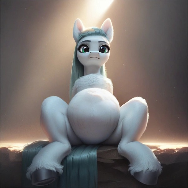 Size: 1024x1024 | Tagged: safe, ai content, derpibooru import, machine learning assisted, machine learning generated, prompter:jaguarcalamitydejv, cloudy quartz, earth pony, pony, g4, belly, big belly, black sky, female, image, jpeg, light, long hair, mare, rock, sitting, sitting on rock, solo