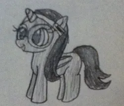 Size: 640x551 | Tagged: safe, artist:lunashy21, derpibooru import, oc, oc:nyx, alicorn, pony, alicorn oc, disguise, disguised eyes, female, female oc, folded wings, glasses, hairband, headband, horn, image, jpeg, mare oc, pony oc, raised hoof, solo, traditional art, weapon, wings