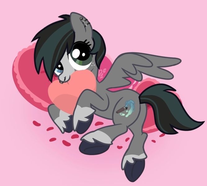 Size: 831x748 | Tagged: safe, artist:doodlesinky, derpibooru import, oc, oc:inky doodles, pegasus, bed, blaze (coat marking), coat markings, comfy, cutie mark, ear piercing, facial markings, g4 style, heart, heart pillow, hearts and hooves day, heterochromia, holiday, image, jpeg, leg fluff, looking at you, nom, nonbinary, nose piercing, petals, piercing, pillow, solo, unshorn fetlocks, valentine, valentine's day