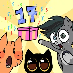 Size: 1080x1080 | Tagged: safe, artist:doodlesinky, derpibooru import, oc, oc:inky doodles, unofficial characters only, cat, pegasus, pony, 17, birthday, confetti, ear piercing, freckles, heterochromia, image, nonbinary, pegasus oc, piercing, png, seventeen, shocked, trio, wings