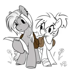 Size: 3170x3308 | Tagged: safe, artist:opalacorn, derpibooru import, oc, oc:alnitak, oc:tranquil trails, unofficial characters only, earth pony, pony, bag, bandage, bandaid, bandaid on nose, black and white, duo, duo male and female, ear piercing, earring, female, freckles, grayscale, hoof hold, image, jewelry, jpeg, male, map, monochrome, partial color, piercing, reading, saddle bag, simple background, white background