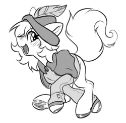 Size: 2749x2669 | Tagged: safe, artist:opalacorn, derpibooru import, oc, unofficial characters only, earth pony, pony, black and white, blush lines, blushing, frog (hoof), grayscale, hat, horn, image, jpeg, looking at you, monochrome, multiple horns, open mouth, open smile, running, simple background, smiling, smiling at you, solo, tricorn, underhoof, white background