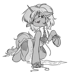 Size: 2359x2451 | Tagged: safe, artist:opalacorn, derpibooru import, oc, unofficial characters only, pony, unicorn, black and white, chinese dress, clothes, commission, dress, female, floppy ears, grayscale, horn, image, jpeg, lidded eyes, looking at you, mare, monochrome, open mouth, open smile, simple background, smiling, smiling at you, solo, white background