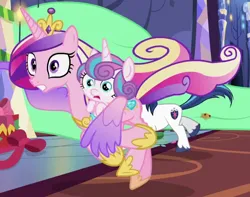 Size: 3000x2363 | Tagged: safe, derpibooru import, edit, edited screencap, screencap, princess cadance, princess flurry heart, shining armor, alicorn, pony, g4, blue mane, colored pupils, cutie mark, eyelashes, female, food, gritted teeth, holding a pony, holiday, image, jpeg, long mane, long tail, male, mother and child, multicolored hair, multicolored mane, my little pony best gift ever, pink coat, pretty, pudding, running, tail, teeth, white coat, wide eyes, wings