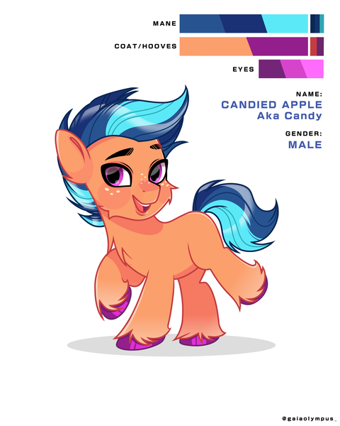 Size: 4000x5000 | Tagged: safe, artist:sushimeko, derpibooru import, oc, oc:candied apple, unofficial characters only, earth pony, pony, g4, blank flank, blue mane, colt, foal, happy, image, male, orange coat, png, purple eyes, raised hoof, reference sheet, smiling