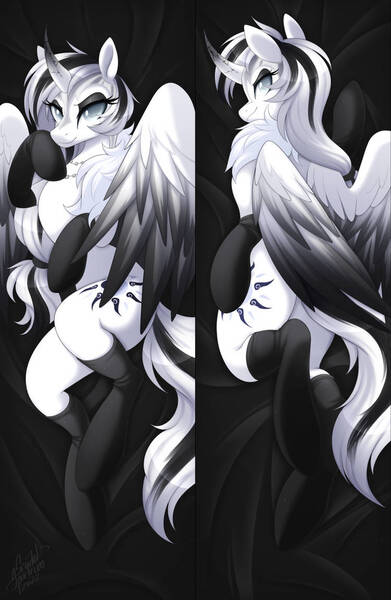 Size: 750x1151 | Tagged: safe, artist:scarlet-spectrum, derpibooru import, oc, oc:queen nevermore, unofficial characters only, alicorn, pony, g4, antagonist, beautiful, black background, body pillow, body pillow design, colored wings, commission, curved horn, cute, dakimakura cover, dark background, detailed, detailed hair, evil, evil grin, eyeshadow, facing away, female, folded wings, full body, goth, gothic, grin, helmet, high res, horn, image, jewelry, jpeg, looking at you, lying down, makeup, mare, mare oc, necklace, oc villain, queen, raised hoof, regalia, seductive look, shading, signature, simple background, smiling, solo, tall, two toned mane, two toned wings, villainous, wings