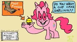 Size: 879x483 | Tagged: semi-grimdark, artist:bigrigs, derpibooru import, pinkie pie, pony, cherry, cupcake, cutie mark, derpibooru exclusive, feet, food, fungus, image, mushroom, png, solo, speech bubble, ticket