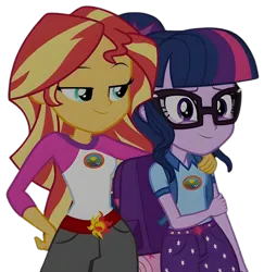 Size: 6396x6591 | Tagged: safe, derpibooru import, edit, edited screencap, screencap, sci-twi, sunset shimmer, twilight sparkle, equestria girls, g4, background removed, backpack, belt, belt buckle, camp everfree logo, camp everfree outfits, clothes, cute, duo, female, glasses, hand on hip, hug, image, lesbian, my little pony equestria girls: legend of everfree, not a vector, png, shipping, shipping fuel, shirt, shorts, simple background, sunsetsparkle, transparent background