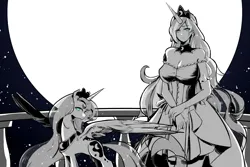 Size: 5400x3600 | Tagged: safe, artist:jww#, derpibooru import, kotobukiya, princess luna, alicorn, human, pony, g4, breasts, busty princess luna, human ponidox, humanized, image, jpeg, kotobukiya princess luna, monochrome, moon, self paradox, self ponidox, solo