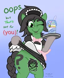 Size: 1278x1562 | Tagged: suggestive, artist:jargon scott, derpibooru import, oc, oc:anon-mare, unofficial characters only, earth pony, pony, bipedal, bottomless, bowtie, censored, censored vulva, clothes, dialogue, female, food, gradient background, hoof hold, ice cream, image, jpeg, looking at you, maid, mare, mcdonald's, mcflurry, no panties, one eye closed, partial nudity, solo, solo female, talking to viewer, wide hips, wink, winking at you