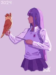 Size: 1125x1500 | Tagged: safe, artist:xeurii, derpibooru import, owlowiscious, twilight sparkle, bird, human, owl, g4, 2024, blackwashing, clothes, dark skin, duo, female, humanized, image, jpeg, magic wand, purple background, shirt, simple background, skirt, sweater vest, vest, wand