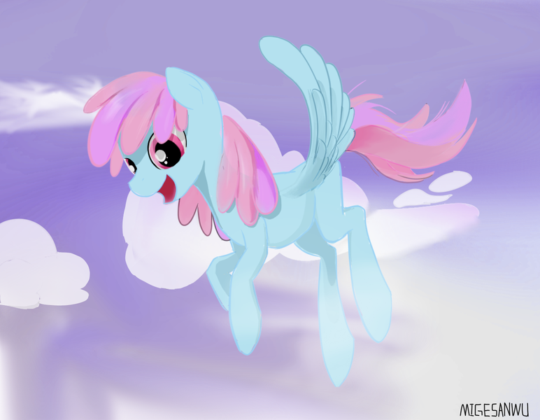 Size: 1308x1016 | Tagged: safe, artist:migesanwu, derpibooru import, oc, earth pony, pony, cloud, female, flying, happy, image, laughing, open mouth, png, purple background, raised hoof, raised leg, shadow, side view, signature, simple background, sky, solo, spread wings, two toned mane, wings