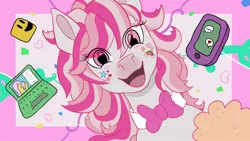 Size: 1280x720 | Tagged: safe, artist:sunshyni kindheart, derpibooru import, horse, pony, bowtie, candi (wild manes), female, heart, image, jpeg, looking at you, mare, mobile phone, open mouth, open smile, phone, smartphone, smiling, solo, sticker, wild manes