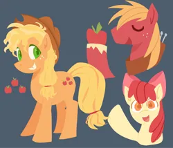 Size: 2048x1752 | Tagged: safe, artist:startrixfan, derpibooru import, apple bloom, applejack, big macintosh, earth pony, pony, g4, apple, applejack's hat, bow, cowboy hat, female, filly, foal, food, freckles, hair bow, hat, horse collar, image, male, mare, png, simple background, stallion, trio, unshorn fetlocks