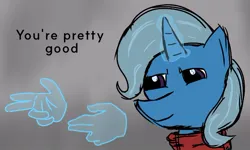 Size: 650x391 | Tagged: safe, artist:cosmicwaves35, derpibooru import, trixie, pony, unicorn, catchphrase, clothes, derpibooru exclusive, glow, glowing horn, hand, horn, image, jpeg, magic, metal gear, projection, revolver ocelot, scarf, solo