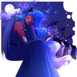 Size: 1600x1600 | Tagged: safe, artist:btanimator, derpibooru import, princess luna, human, armor, clothes, crown, dark skin, dress, ethereal mane, eyebrows, eyeshadow, gloves, humanized, image, jewelry, jpeg, long gloves, looking at you, makeup, moon, night guard, night guard armor, raised eyebrow, regalia, sitting, winged humanization, wings