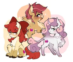 Size: 1292x1104 | Tagged: safe, artist:hunny009, derpibooru import, apple bloom, scootaloo, sweetie belle, earth pony, pegasus, pony, unicorn, g4, bald face, blaze (coat marking), chest fluff, coat markings, curved horn, cutie mark crusaders, ear piercing, earring, eyebrows, eyebrows visible through hair, facial markings, female, filly, foal, freckles, hock fluff, horn, image, jewelry, leg fluff, leonine tail, lidded eyes, long eyelashes, looking at you, necklace, open mouth, open smile, pale belly, pearl necklace, piercing, png, rearing, smiling, smiling at you, socks (coat marking), tail, trio, trio female, unshorn fetlocks