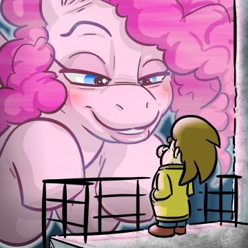 Size: 360x360 | Tagged: safe, artist:elerq, derpibooru import, pinkie pie, oc, earth pony, human, pony, g4, blade runner 2049, blushing, clothes, female, hand in pocket, hologram, human male, image, jacket, lidded eyes, looking at each other, looking at someone, male, mare, meme, pants, png, shoes, size difference, smiling, smirk, whore lips, you look lonely