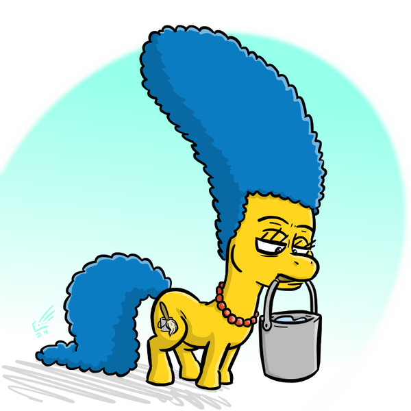 Size: 720x720 | Tagged: safe, artist:elerq, derpibooru import, ponified, earth pony, pony, beehive hairdo, bucket, female, image, jewelry, lidded eyes, mare, marge simpson, mouth hold, necklace, png, rule 85, solo, tail, the simpsons