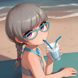 Size: 4096x4096 | Tagged: suggestive, banned from derpibooru, machine learning generated, prompter:パイ, silver spoon, human, beach, bikini, clothes, cute, drink, drinking, glasses, humanized, image, looking at you, png, solo, straw, swimsuit