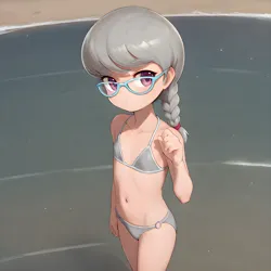 Size: 4096x4096 | Tagged: safe, banned from derpibooru, machine learning generated, prompter:パイ, silver spoon, human, beach, bikini, clothes, cute, glasses, humanized, image, looking at you, png, solo, swimsuit