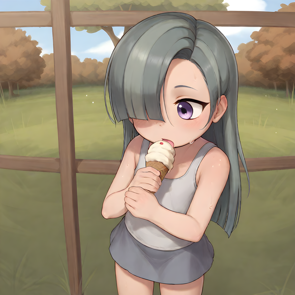 Size: 4096x4096 | Tagged: safe, machine learning generated, prompter:パイ, marble pie, human, cute, food, humanized, ice cream, image, png, solo, summer, sweat, younger