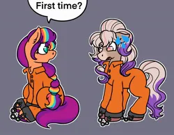 Size: 1348x1048 | Tagged: safe, artist:bluemoon, derpibooru import, sunny starscout, g5, bailey (wild manes), clothes, commissioner:rainbowdash69, cuffs, duo, duo female, female, image, jpeg, jumpsuit, never doubt rainbowdash69's involvement, prison jumpsuit, prison outfit, prisoner, prisoner ss, shackles, speech bubble, sweat, sweatdrop, text, wild manes