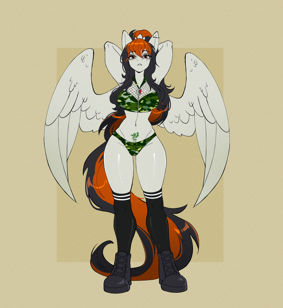 Size: 2086x2264 | Tagged: suggestive, artist:tomi_ouo, derpibooru import, oc, oc:cannon car, unofficial characters only, anthro, pegasus, pony, agent alabastor amril, belly, belly button, breasts, camouflage, clothes, ear piercing, female, heterochromia, image, jewelry, mare, midriff, muscles, nudity, partial nudity, pendant, piercing, png, ponytail, scar, shoes, socks, solo, solo female, spread wings, tattoo, toned, toned female, tough sexy, wings, womb tattoo