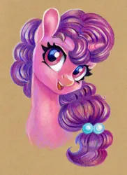 Size: 872x1200 | Tagged: safe, artist:maytee, derpibooru import, sugar belle, pony, unicorn, g4, bust, horn, image, png, portrait, smiling, solo, toned paper, traditional art