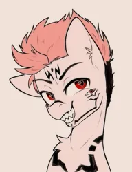 Size: 2000x2600 | Tagged: safe, artist:etoz, derpibooru import, ponified, pony, bust, colored sketch, eyebrows, image, jujutsu kaisen, looking away, male, png, sketch, smiling, smirk, solo, stallion, sukuna ryomen, tattoo, teeth