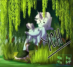 Size: 1451x1326 | Tagged: safe, artist:zaka, derpibooru import, oc, unofficial characters only, alicorn, bird, duck, earth pony, pegasus, pony, turtle, unicorn, commission, forest, horn, image, nature, png, pony oc, solo, swamp, tree, turtleduck, willow, your character here