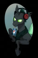 Size: 1005x1527 | Tagged: safe, artist:junian, derpibooru import, changeling, bust, can, clothes, cool, drink, drinking, drinking straw, green changeling, headphones, image, looking at you, pepsi, png, scarf, soda, solo