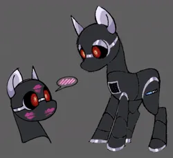 Size: 1054x967 | Tagged: safe, artist:partyponypower, derpibooru import, ponified, earth pony, original species, pony, robot, robot pony, 2001: a space odyssey, artificial intelligence, bald, black sclera, colored, colored hooves, colored sclera, computer pony, flat colors, gray background, gray body, gray hooves, hal 9000, hooves, image, jpeg, kiss mark, lidded eyes, lipstick, male, no mane, pictogram, red eyes, segmented body, segmented head, segmented legs, shiny hooves, simple background, solo, speech bubble, standing, white pupils, wide eyes