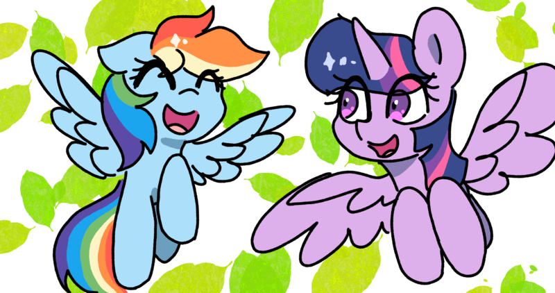 Size: 2445x1291 | Tagged: safe, artist:比格多格, derpibooru import, rainbow dash, twilight sparkle, twilight sparkle (alicorn), alicorn, pegasus, pony, duo, duo female, eyes closed, female, image, leaf, leaves, mare, open mouth, png, simple background, smiling, spread wings, transparent background, wings