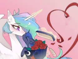 Size: 1600x1200 | Tagged: safe, artist:atardanto, derpibooru import, princess celestia, princess luna, alicorn, g4, cute, duo, duo female, female, flower, gradient background, holiday, image, incest, kissing, lesbian, lunabetes, magic, png, present, rose, royal sisters, ship:princest, shipping, siblings, sisters, size difference, telekinesis, valentine's day