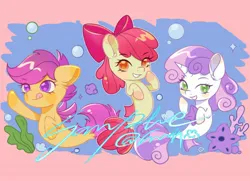 Size: 2126x1535 | Tagged: safe, artist:co306012, derpibooru import, apple bloom, scootaloo, sweetie belle, earth pony, pegasus, pony, seapony (g4), unicorn, g4, algae, blushing, bubble, clam, coral, cute, cutie mark crusaders, dorsal fin, female, filly, fin, fin wings, fins, fish tail, flowing mane, flowing tail, foal, grin, horn, image, jpeg, looking at each other, looking at someone, obtrusive watermark, ocean, scales, seaponified, seapony apple bloom, seapony scootaloo, seapony sweetie belle, seashell, seaweed, smiling, smiling at each other, species swap, swimming, tail, tongue out, trio, trio female, underwater, water, watermark, wings