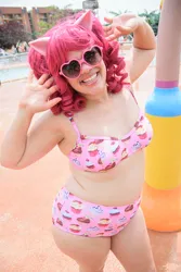 Size: 800x1200 | Tagged: safe, derpibooru import, pinkie pie, human, g4, bikini, clothes, colossalcon, cosplay, costume, image, irl, irl human, jpeg, photo, solo, sunglasses, swimming pool, swimsuit