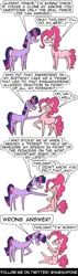 Size: 1000x3500 | Tagged: safe, artist:sneshpone, derpibooru import, pinkie pie, twilight sparkle, earth pony, pony, unicorn, g4, too many pinkie pies, crying, image, jpeg, simple background, this will end in murder, unicorn twilight, white background