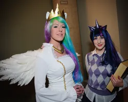 Size: 1200x960 | Tagged: safe, derpibooru import, princess celestia, twilight sparkle, human, g4, clothes, cosplay, costume, duo, image, irl, irl human, jpeg, otakon, otakon 2011, photo